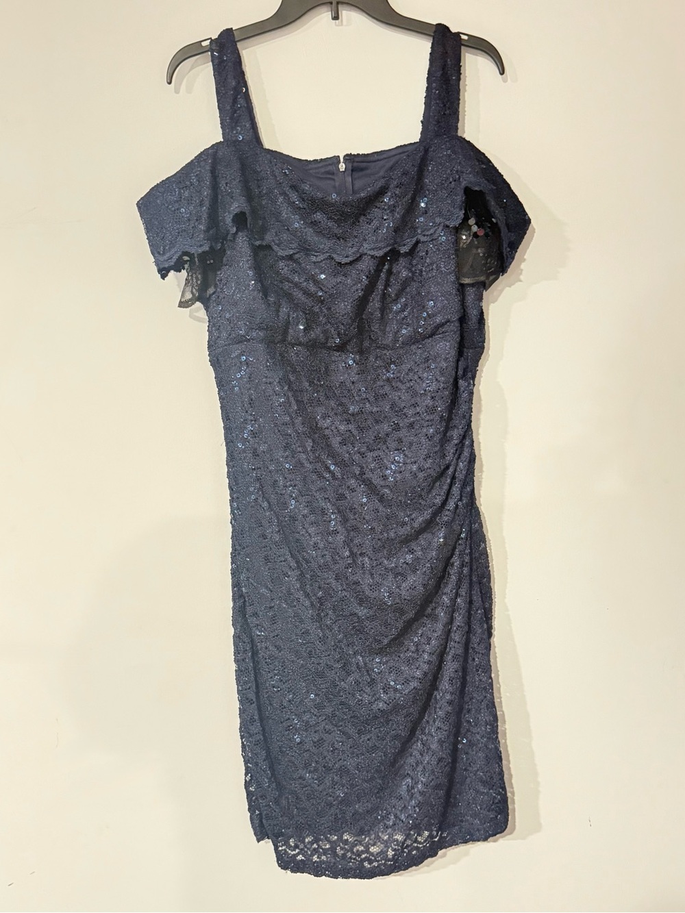 R&M Richards Women’s Navy Sparkle Sequin Lace Off-Shoulder Formal Cocktail Dress
